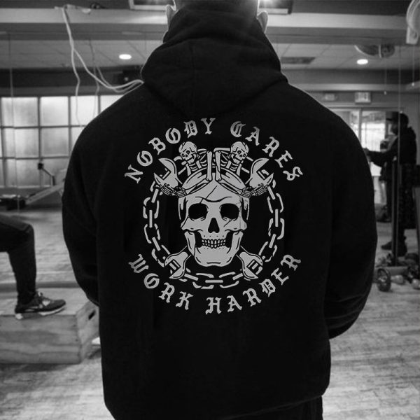 Skull Nobody Cares Work Harder Printed Men's Casual Hoodie