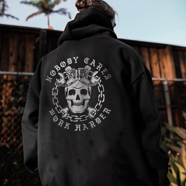 Skull Nobody Cares Work Harder Printed Men's Casual Hoodie